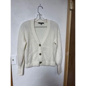 Quince Womens Alpaca Wool Blend Ribbed V-Neck Cardigan Sweater Ivory White Small